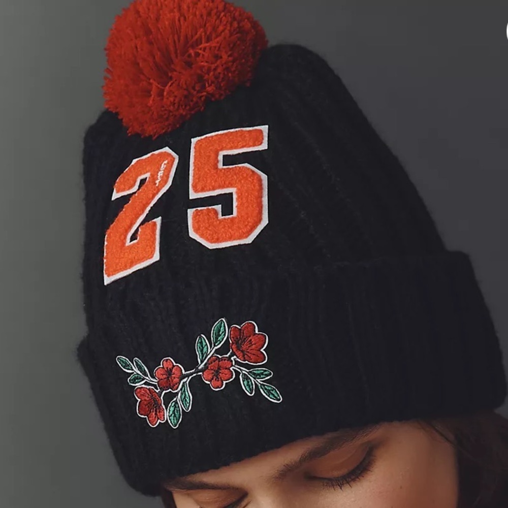 Anthropologie The Wild Collective Black Floral Beanie